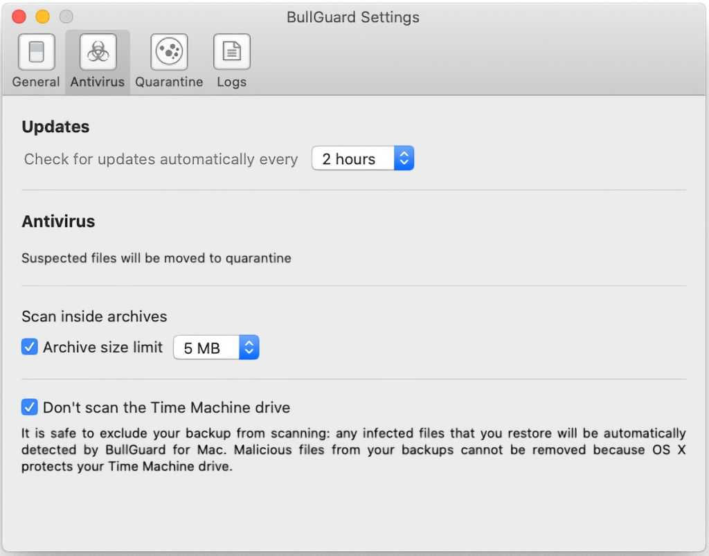 BullGuard Antivirus Mac settings