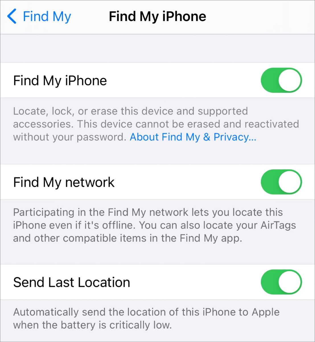 Find My settings iPhone