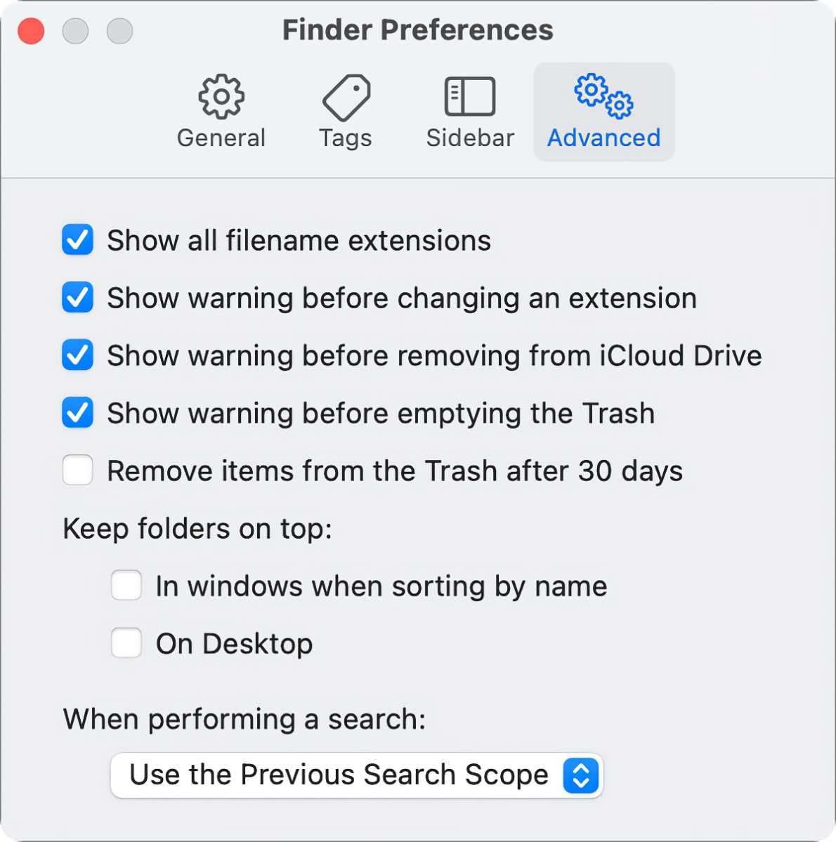 macOS Big Sur Finder Advanced preferences