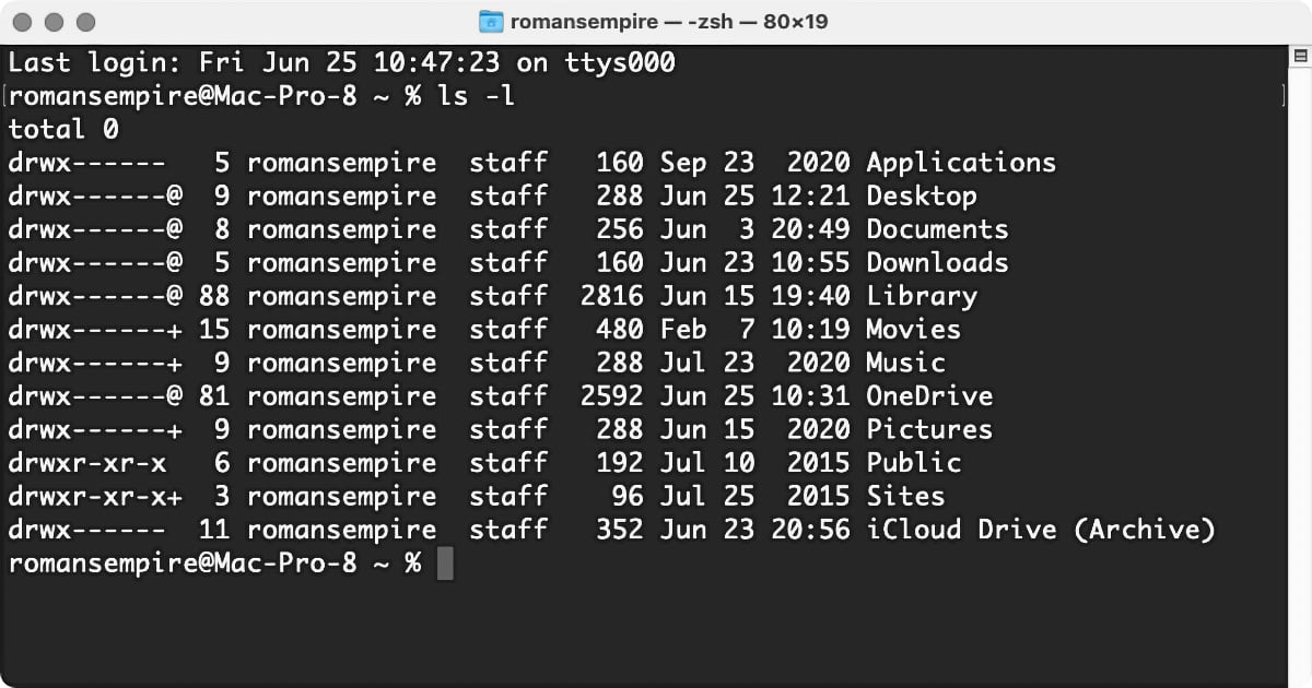 macOS big sur terminal ls -l