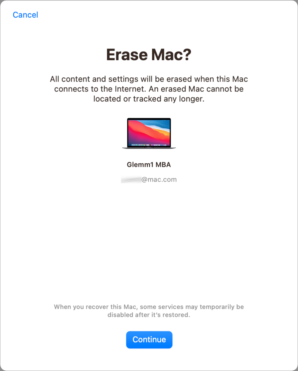 A dialog showing a prompt to erase a Mac in the Find My app.