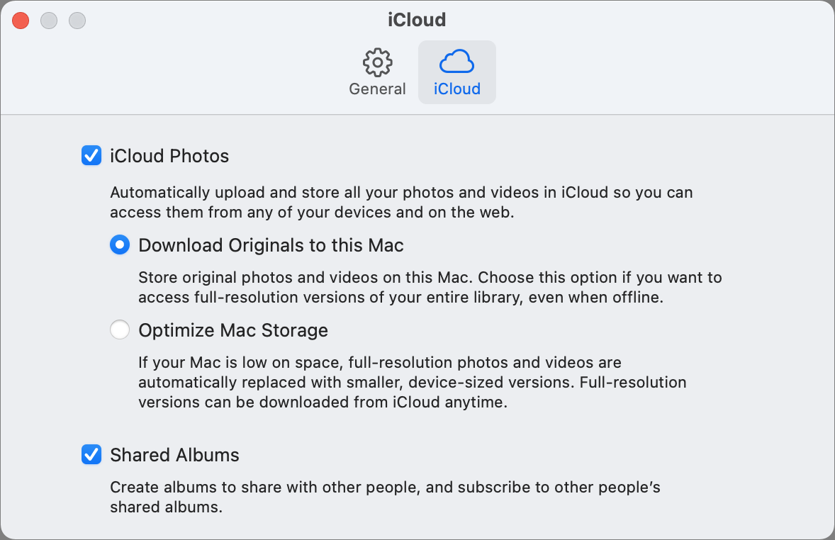 Photos for macOS iCloud preferences