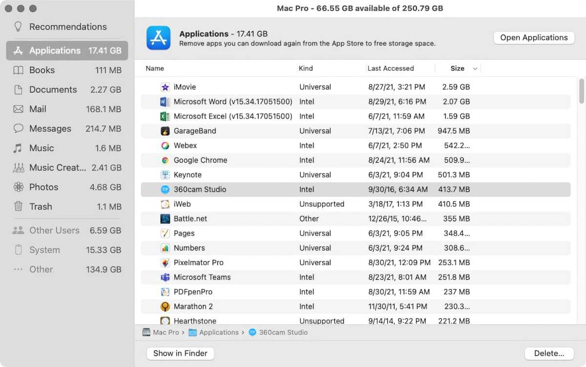 macOS Big Sur optimize storage apps