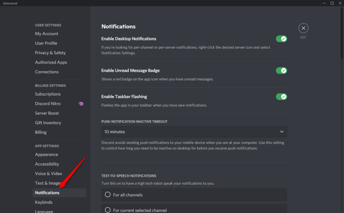 Paramètres de notification dans Discord