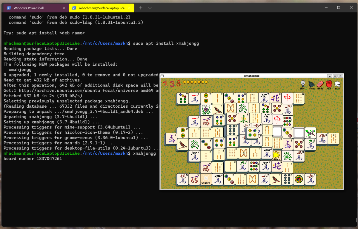 Windows 11 mahjongg WSL2 Linux app