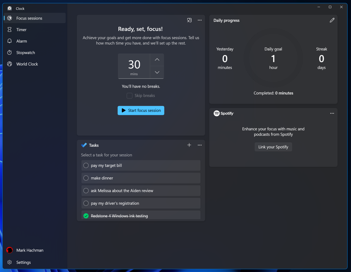 Windows 11 clock Focus sessions 2