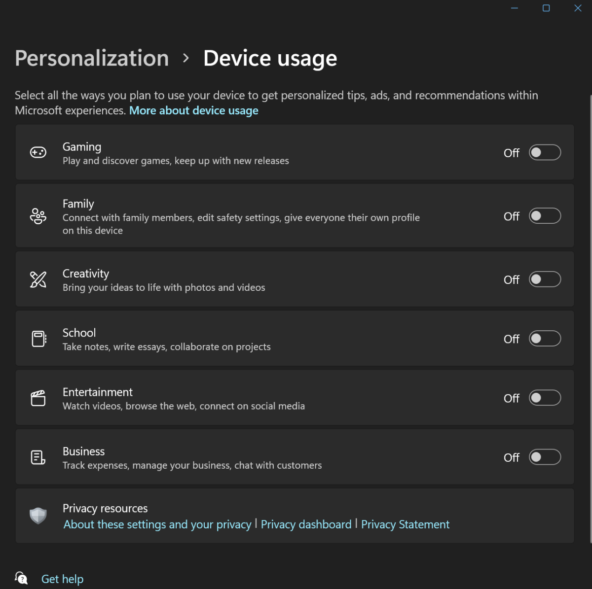Windows 11 Settings Device usage