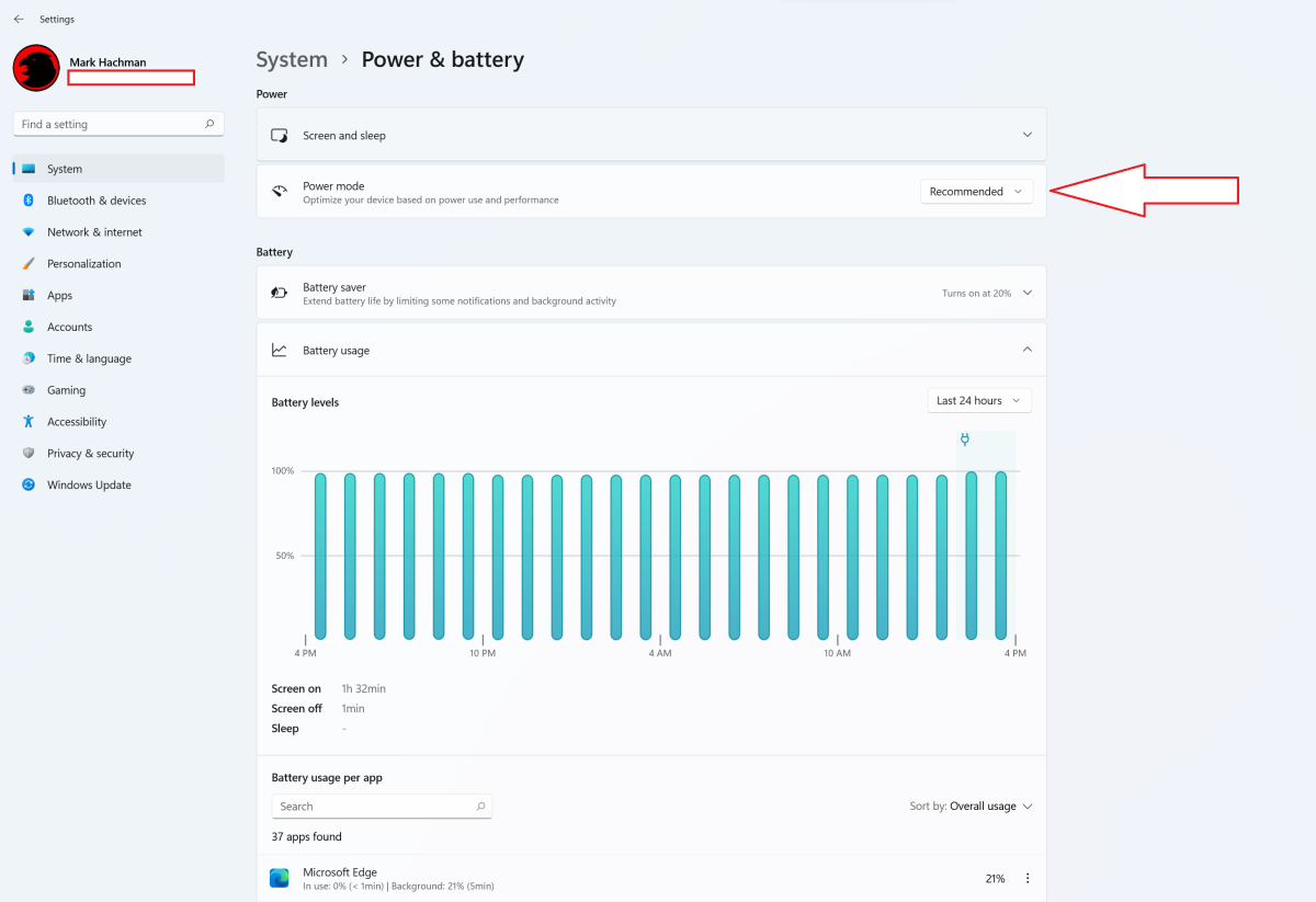 Windows 11 Settings power and battery edited