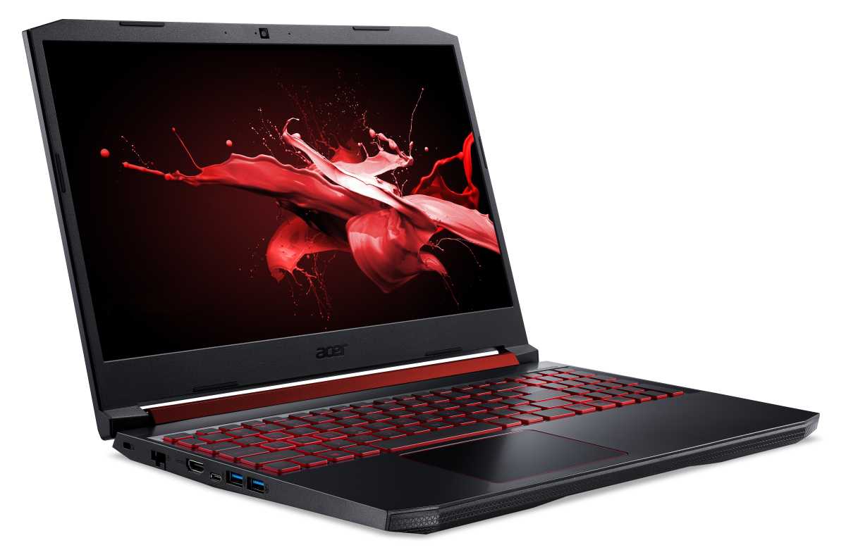 An Acer Nitro gaming laptop with red highlight facing towards the right.