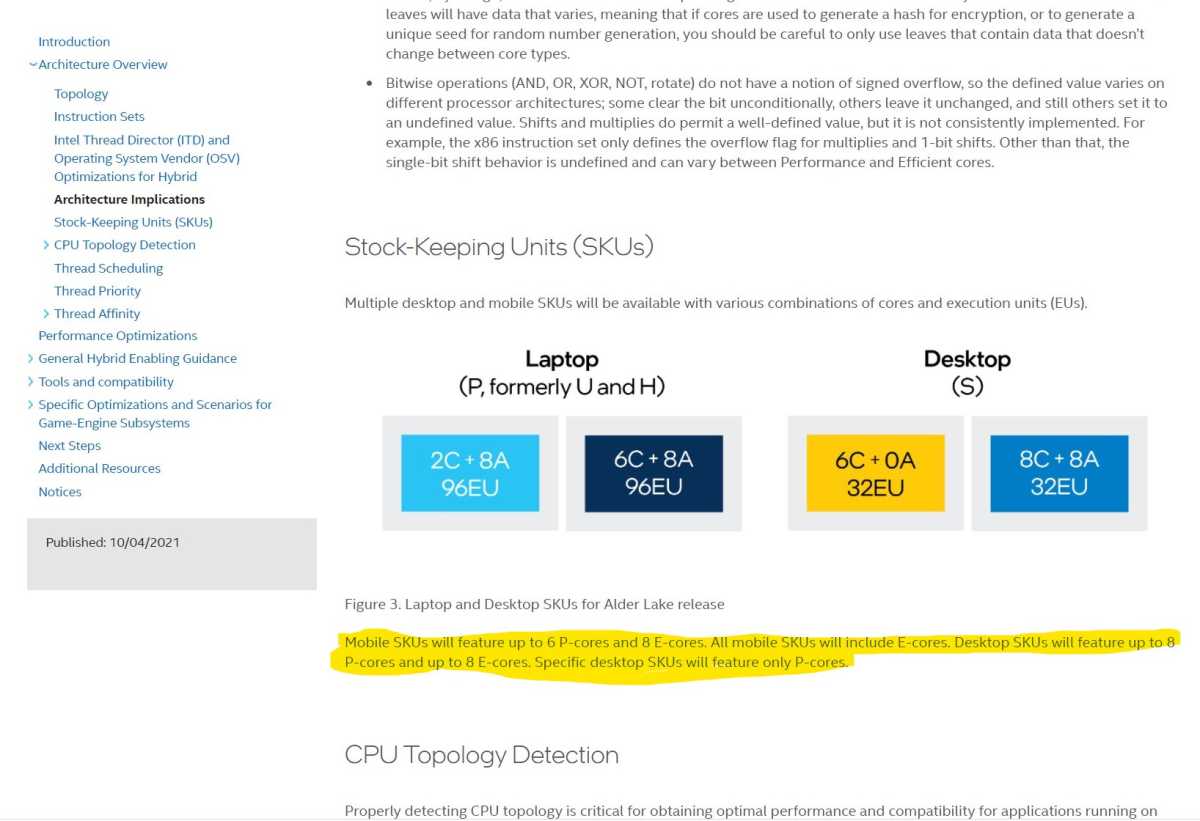 Screen shot of Intel software guide that indicates a p-core only version of Alder Lake is coming