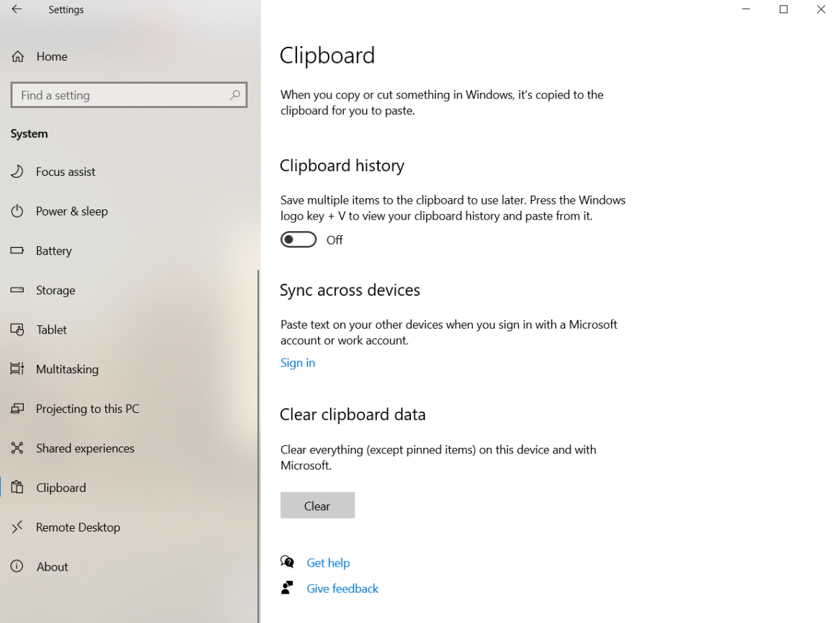 the windows 10 settings app displaying the clipboard options