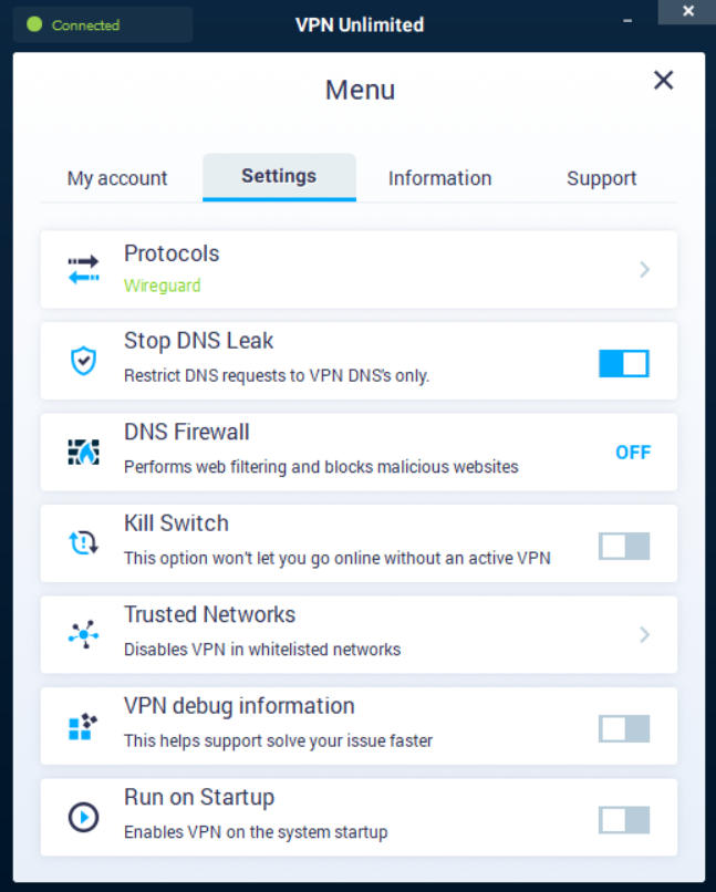 The settings screen in VPN Unlimited's traditional desktop app. 