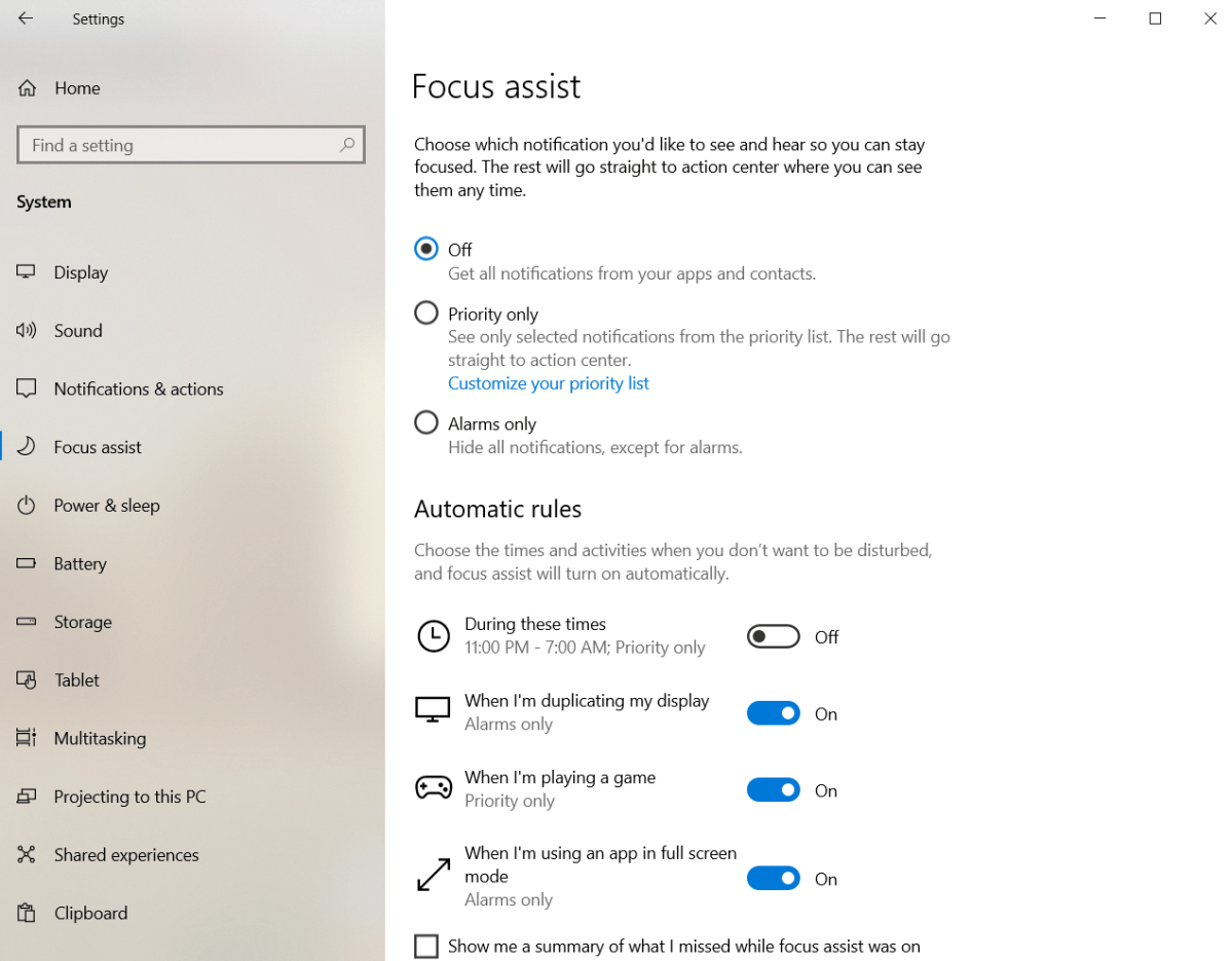 windows 10 settings app displaying the focus assist options