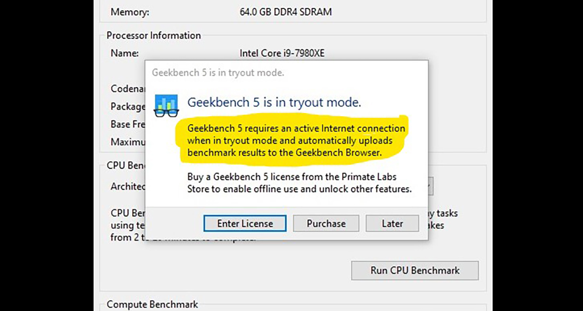 Geekbench warning message saying results will be uploaded.