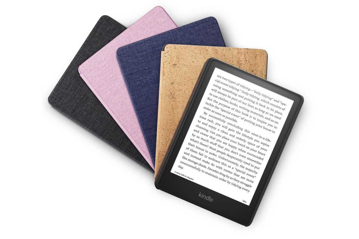 Kindle Paperwhite 2021 With Cover Samples Behind It