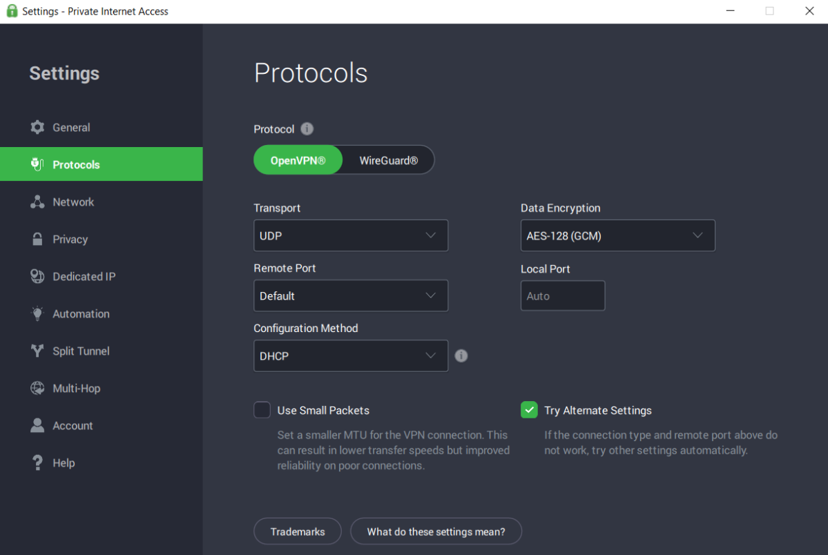 PIA settings screen showing various customizable options for an OpenVPN connection