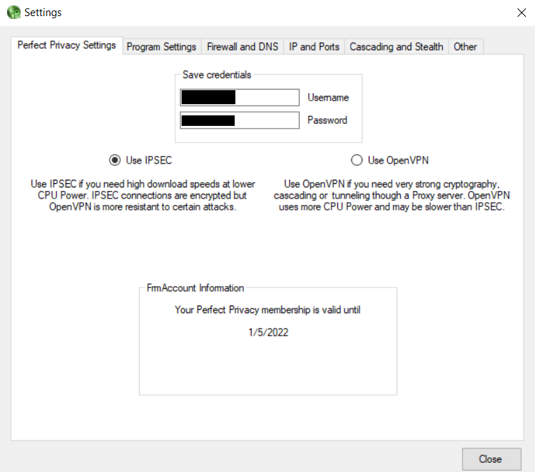 Perfect Privacy'S Settings Window Showing Options For Ipsec Or Openvpn