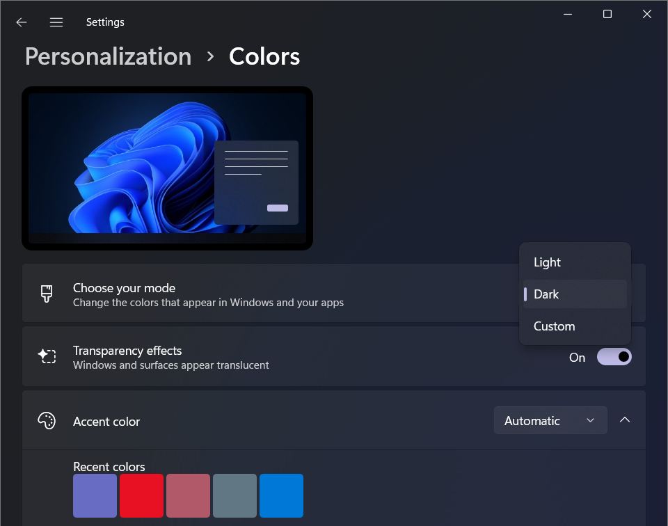 Windows 11 Personalization, Light, Dark, Custom