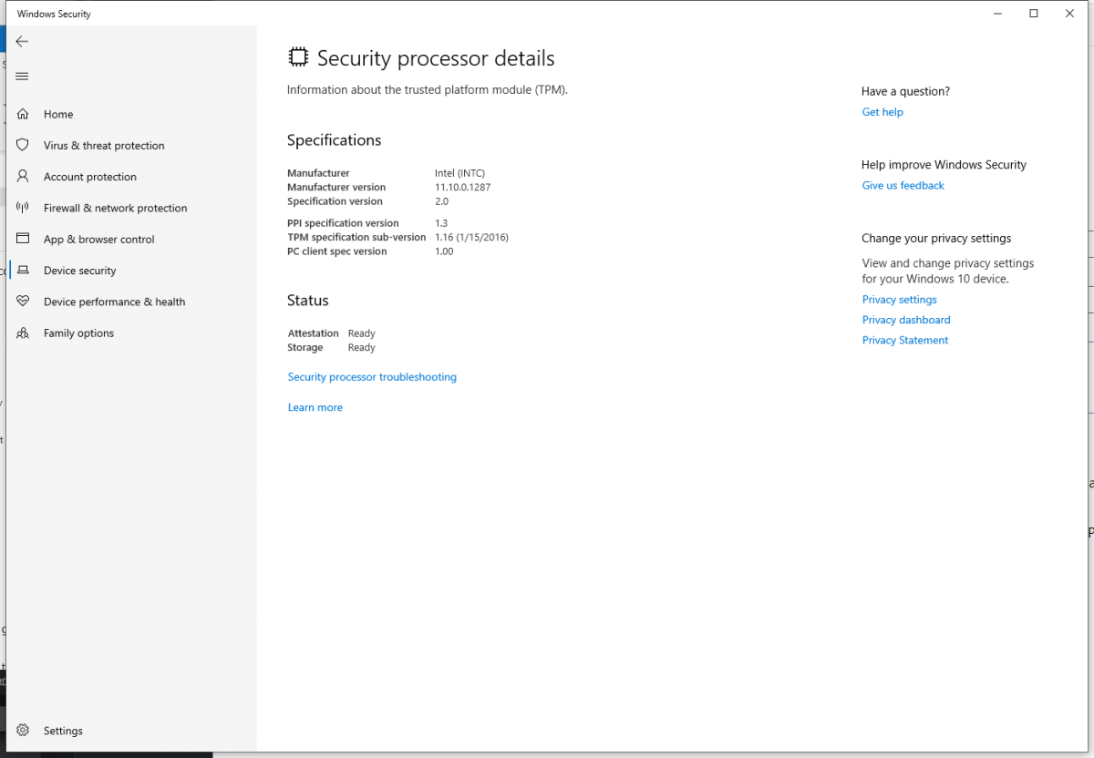 Windows 11 Security Processor page