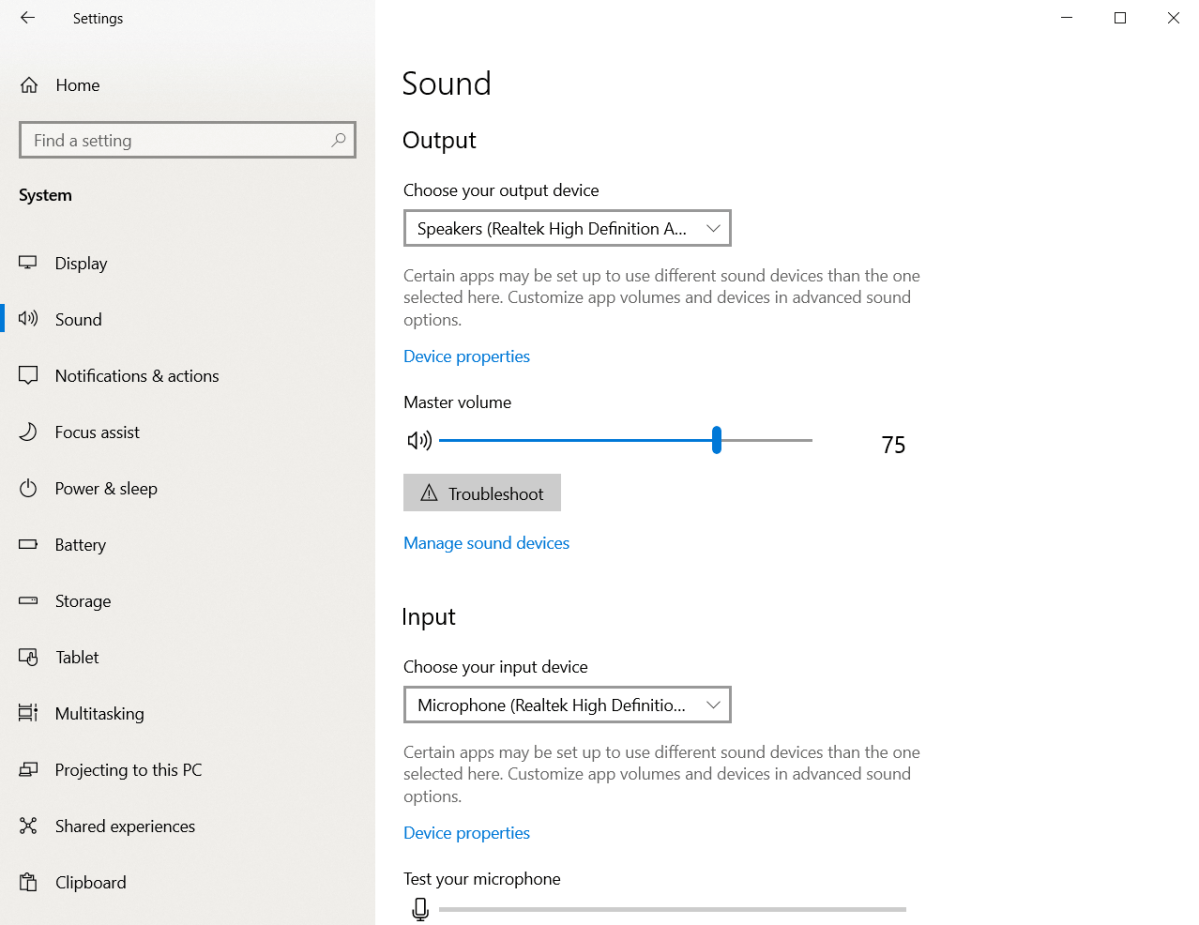 the settings app in Windows 10 displaying the sound options