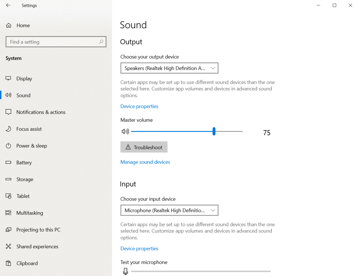 System settings windows 10