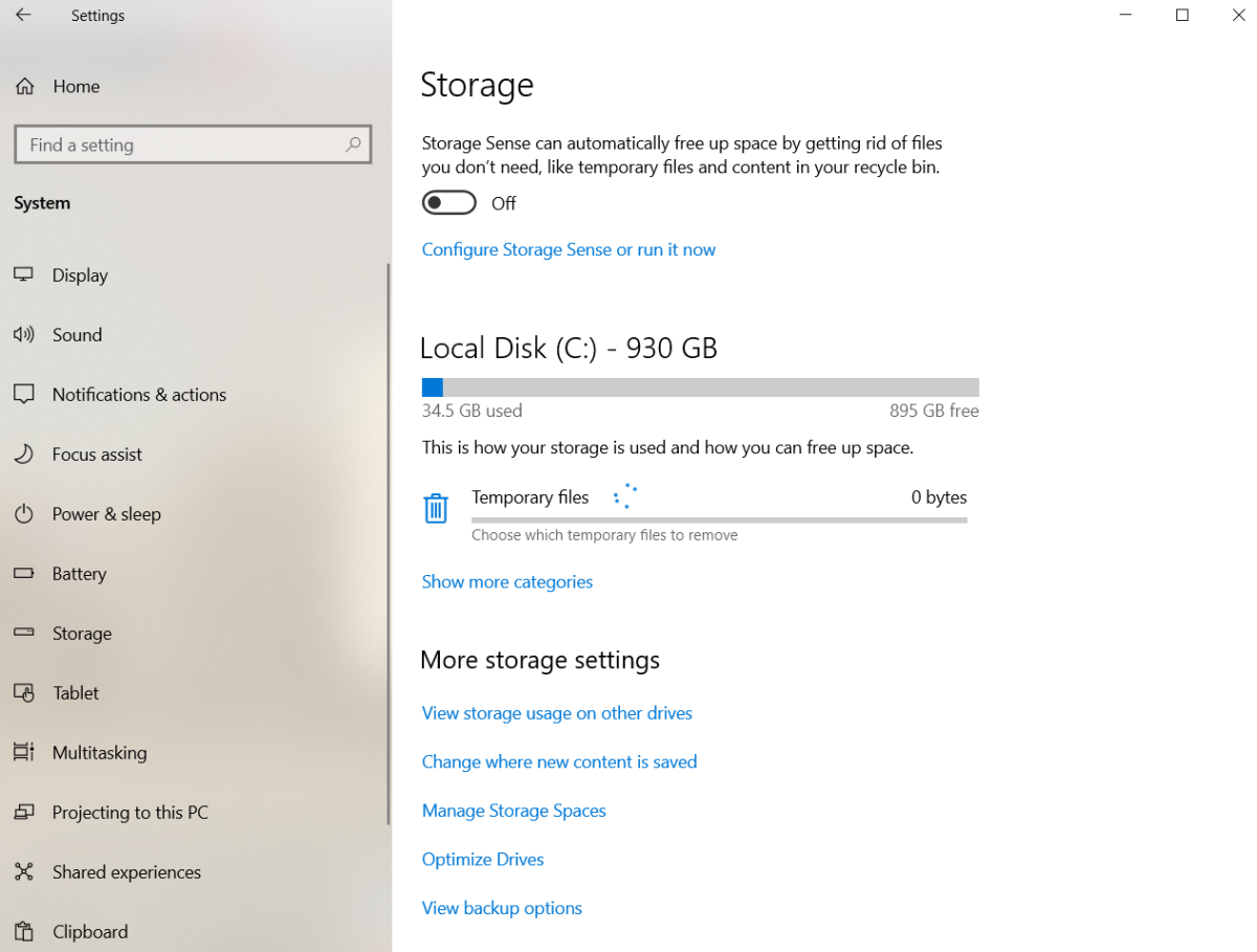 the windows 10 settings app showing the storage options