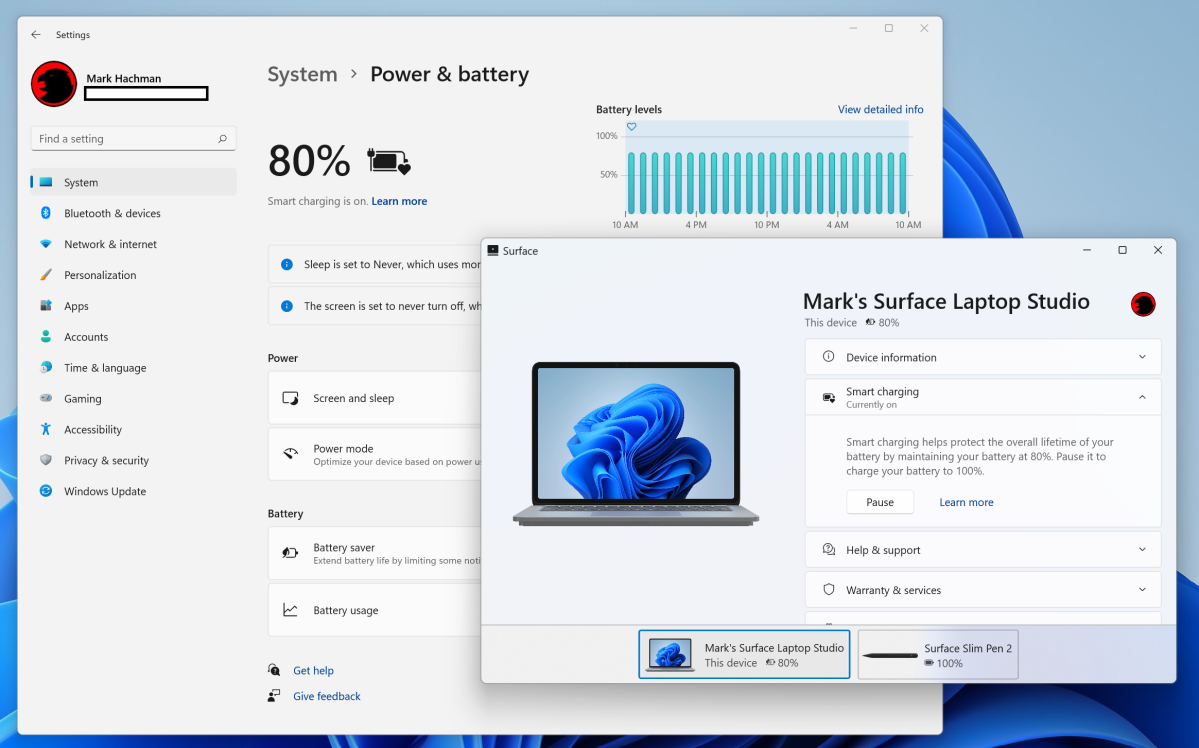 Microsoft Windows 11 Surface smart charging menu
