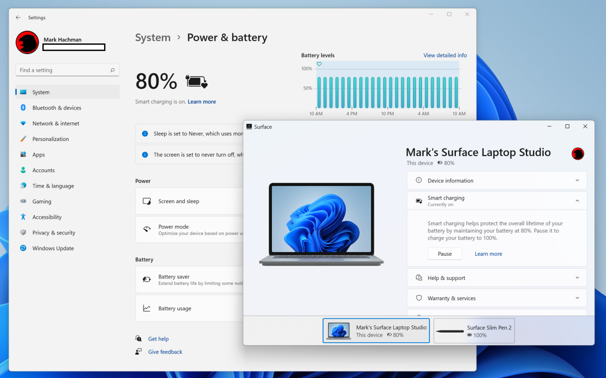 Microsoft Windows 11 Surface Smart Charging Menu