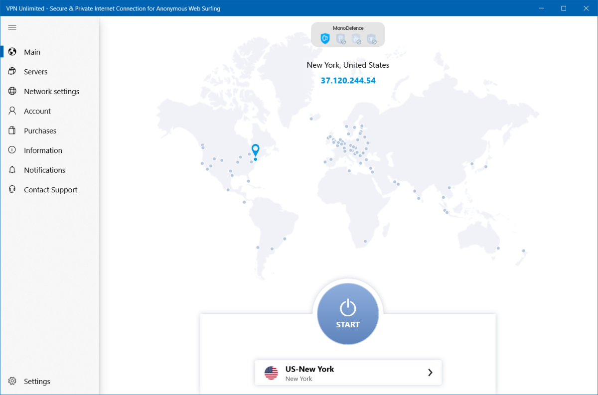 VPN Unlimited for Windows 10 default screen with a map of the  world and left rail menu items.