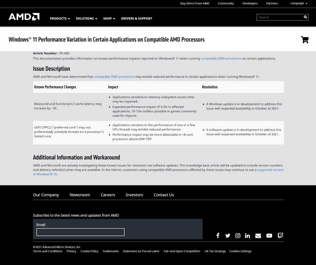 AMD support note saying Windows 11 may cut performance on its CPUs but a fix is on the way