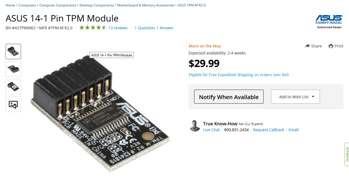 Asus TPM listing on BandH.com