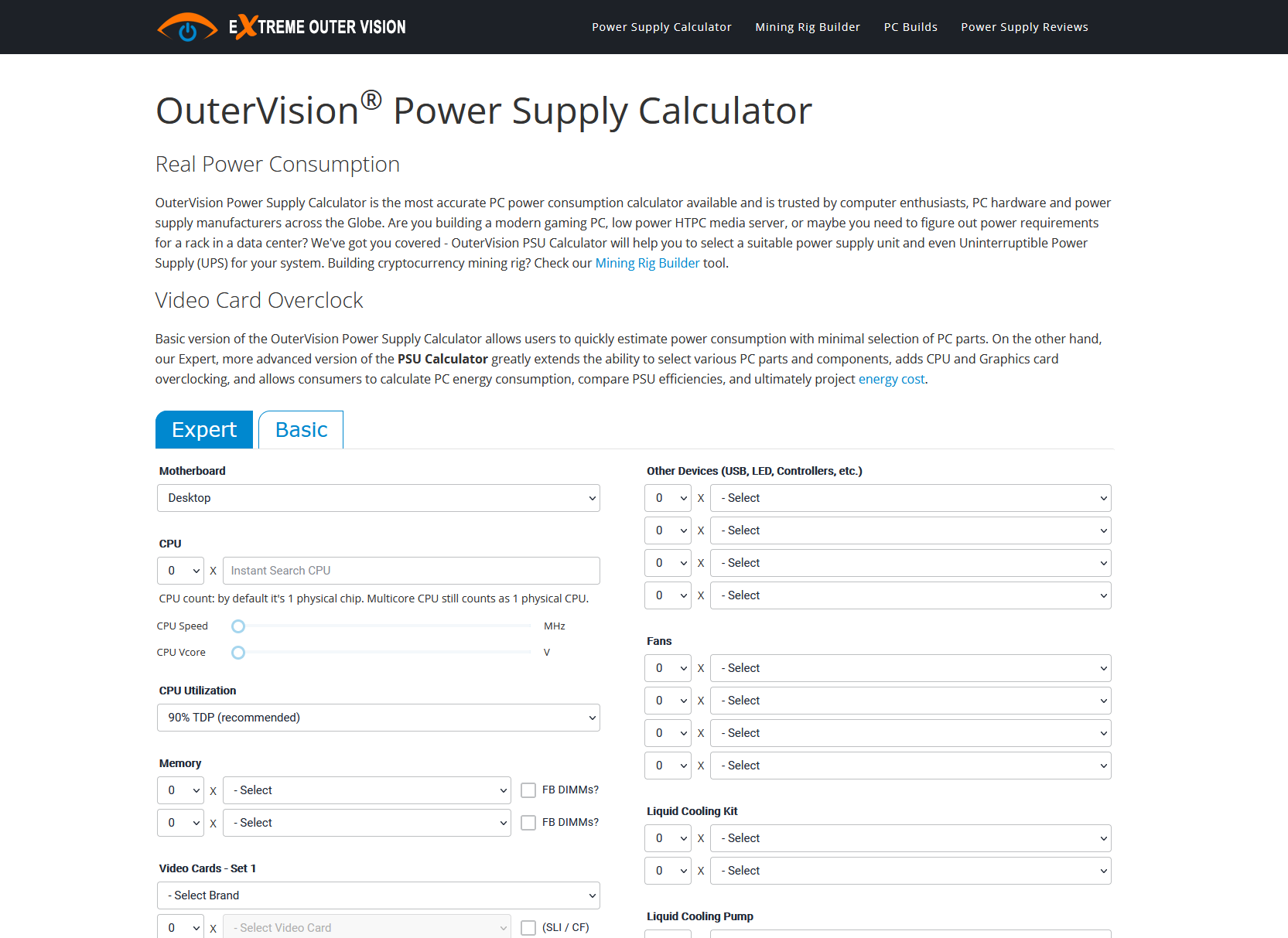 outervision power supply calculator screenshot webové stránky