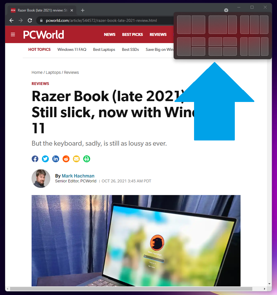 Chrome window in Windows 11 with Snap layouts open and a blue arrow pointing to the Snap overlay