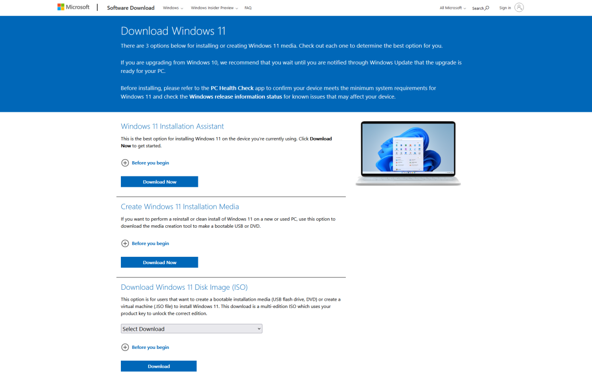 Windows 11 download page screenshot