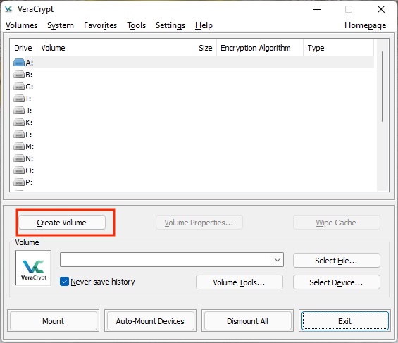 VeraCrypt preparation screen