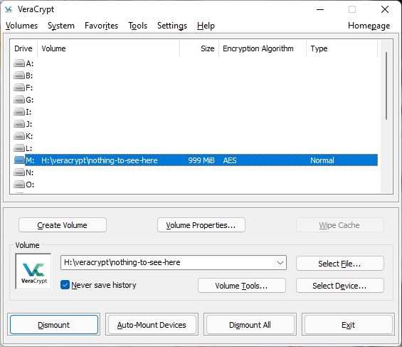 VeraCrypt preparation screen