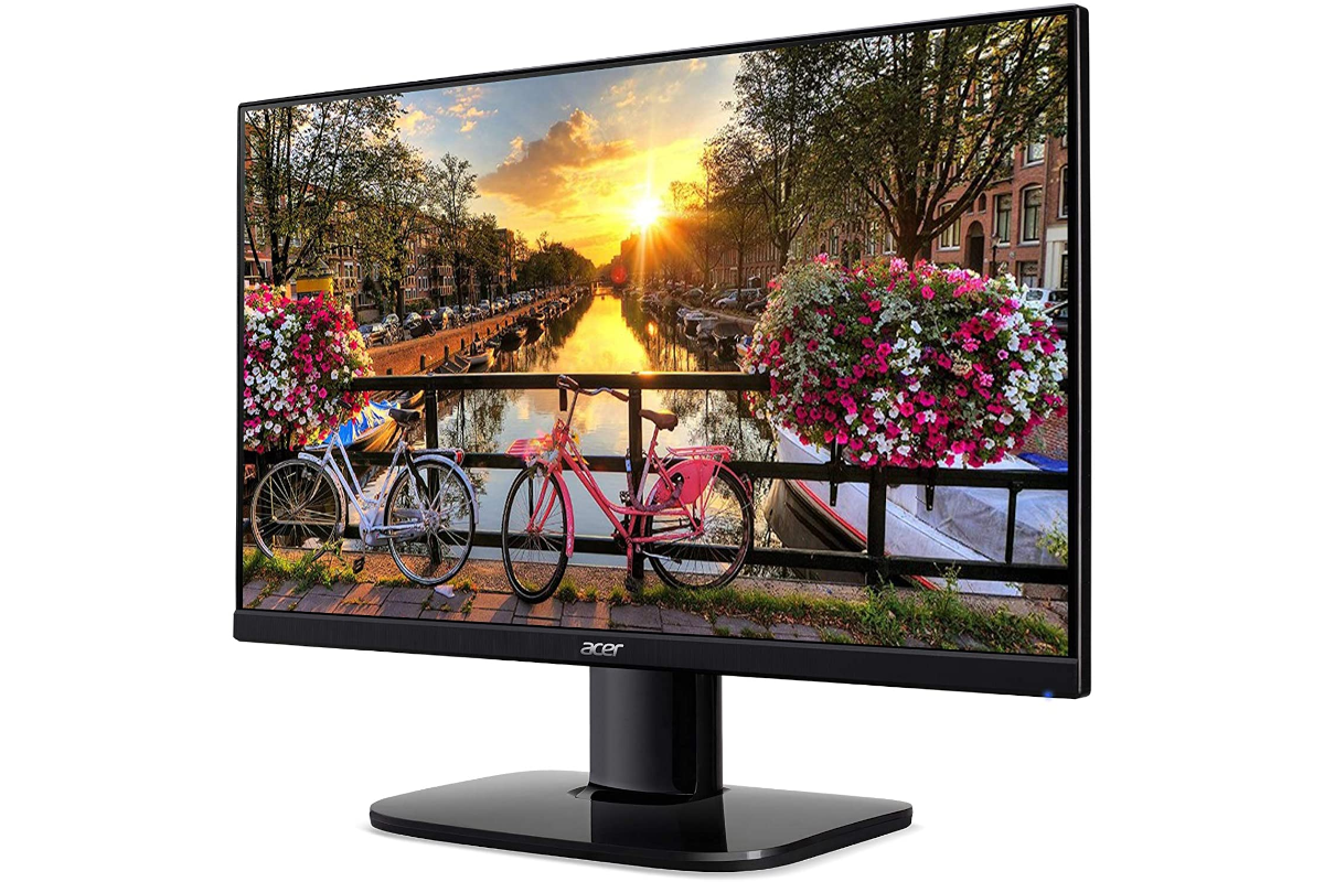 Acer monitor showing a sunset scene in an Amsterdam canal.