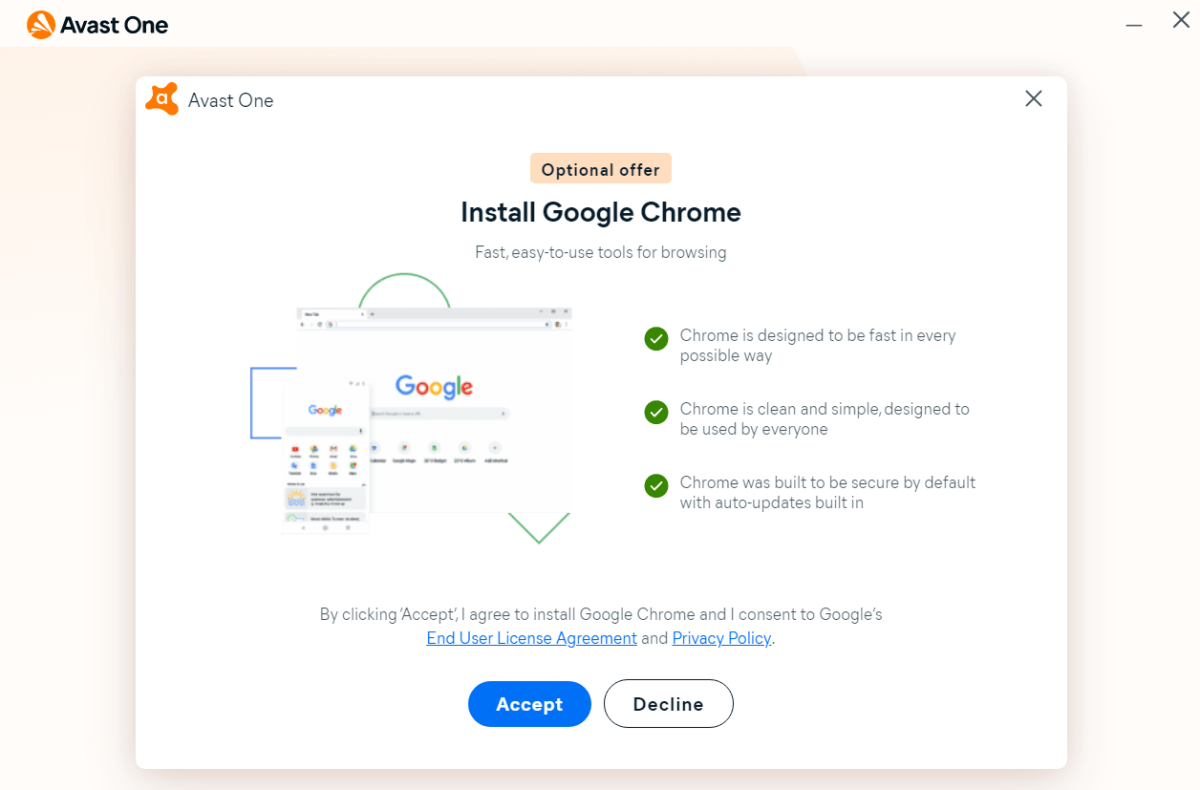 avast one's offer page for installing google chrome during setup