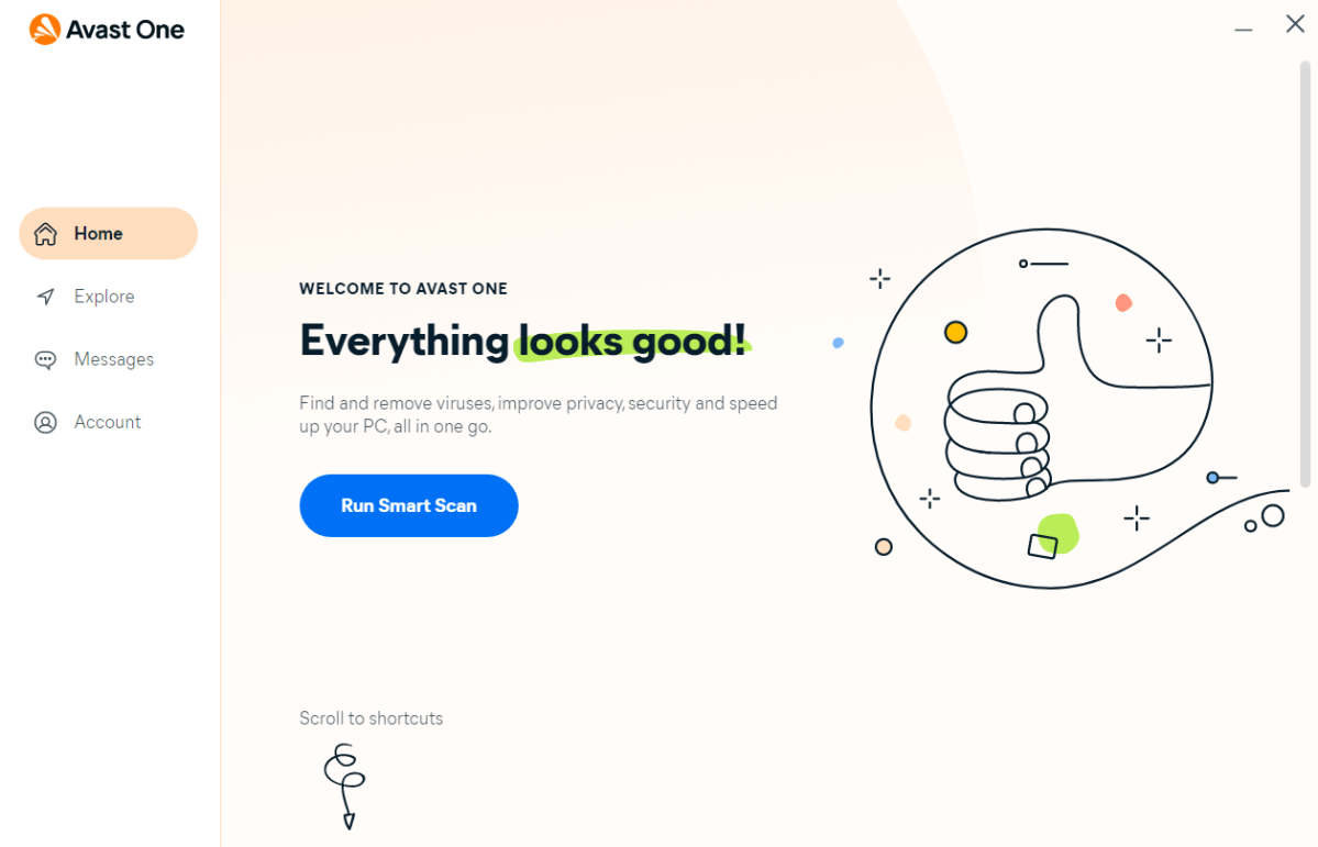 avast one dashboard with a thumbs up indicating the PC is healthy