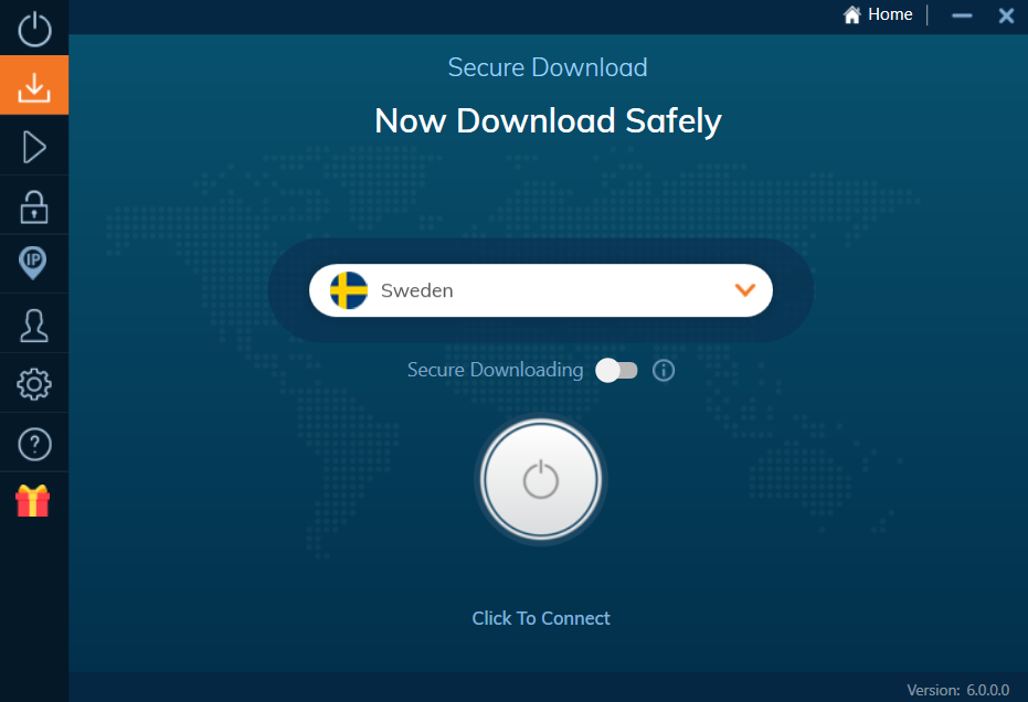 ivacy's secure download screen with Sweden chosen as connection option
