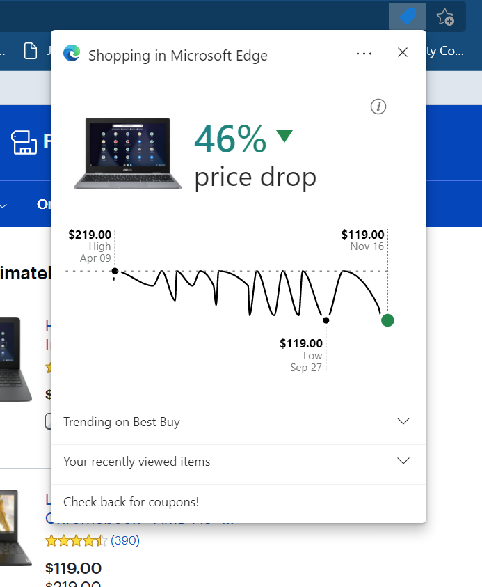 Microsoft Edge shopping price drop