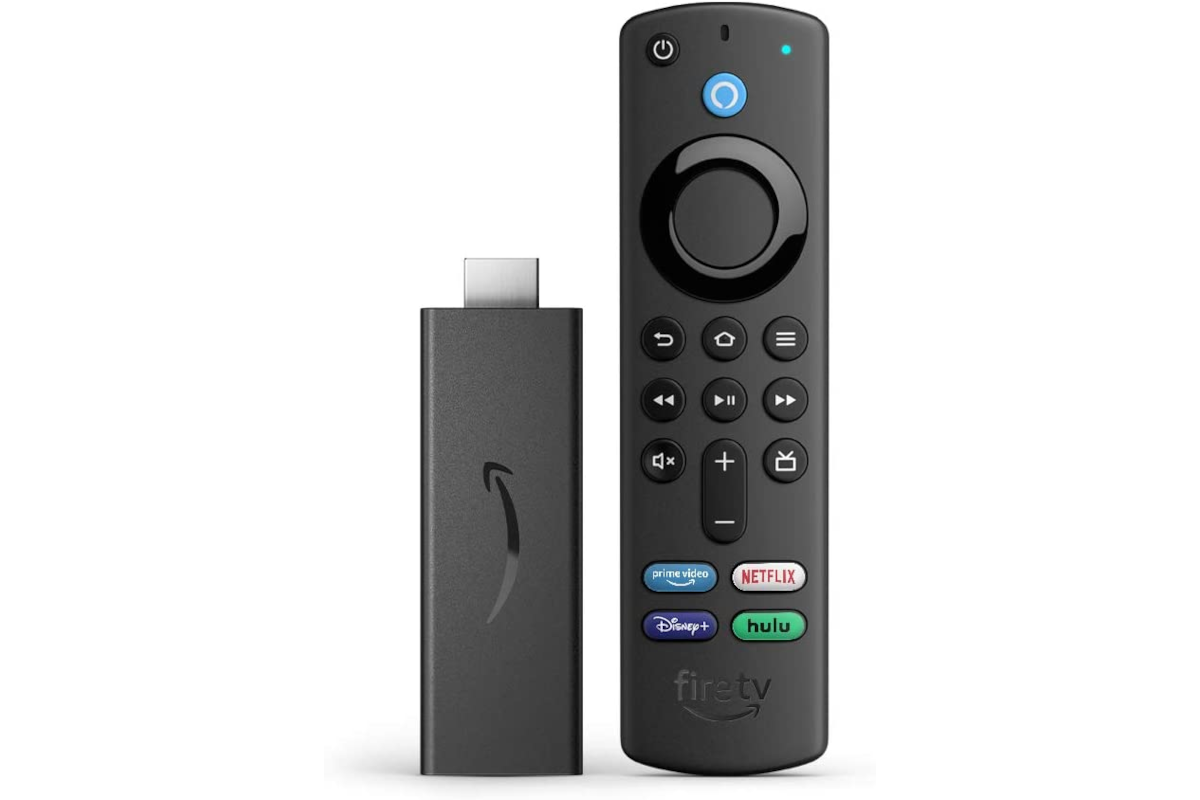 The Fire TV Stick and remote standing up against a white background