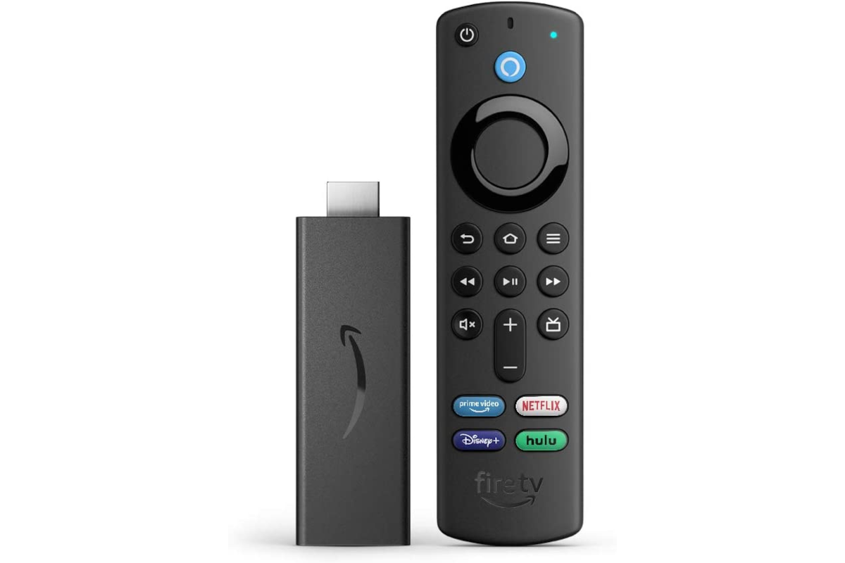 The Fire Tv Stick And Remote Standing Up Against A White Background