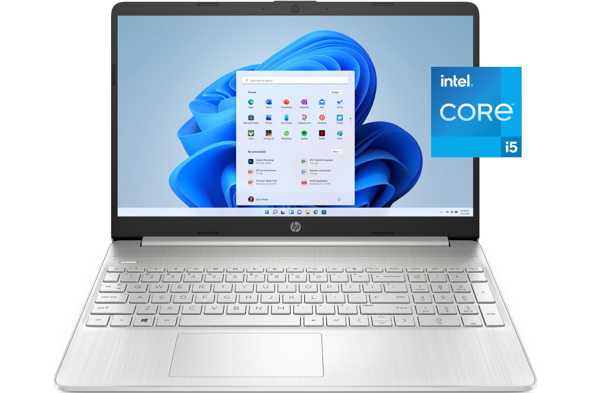 HP  silver laptop with Windows 11 and Intel Core i5 sticker
