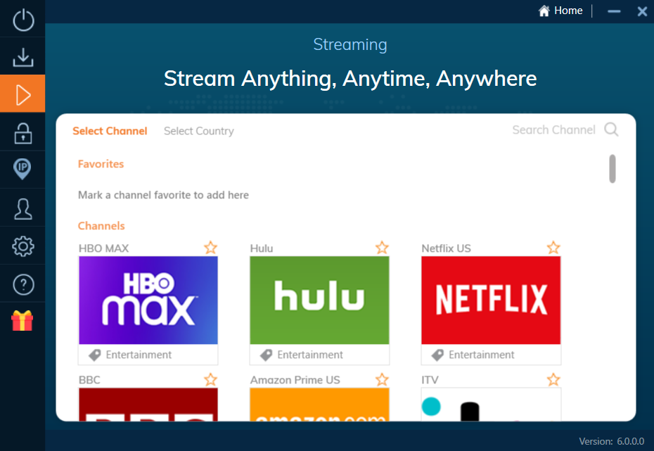 Ivacy's channels with large tiles showing logos for HBO Max, Hulu, and Netflix
