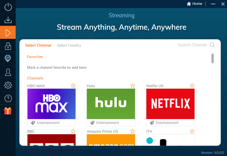 Ivacy'S Channels With Large Tiles Showing Logos For Hbo Max, Hulu, And Netflix