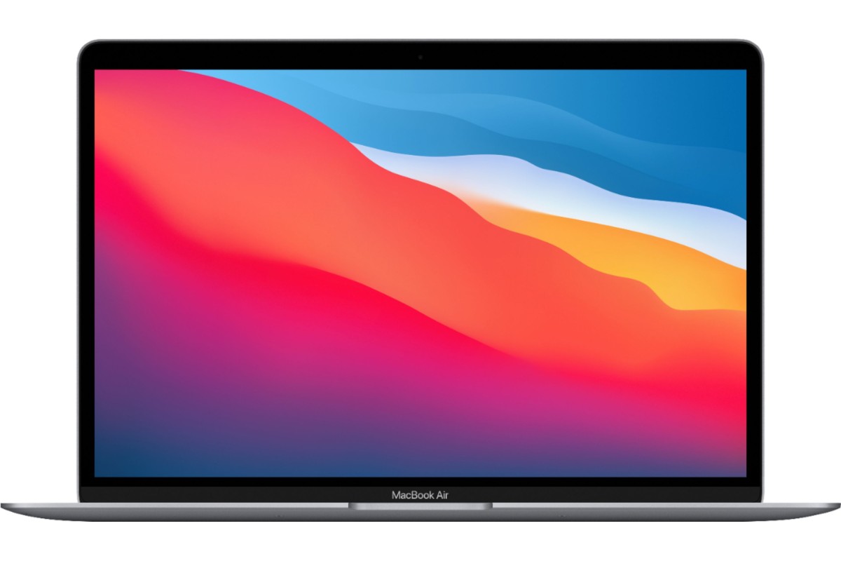 the M1 MacBook Air display with a sunset-themed wallpaper