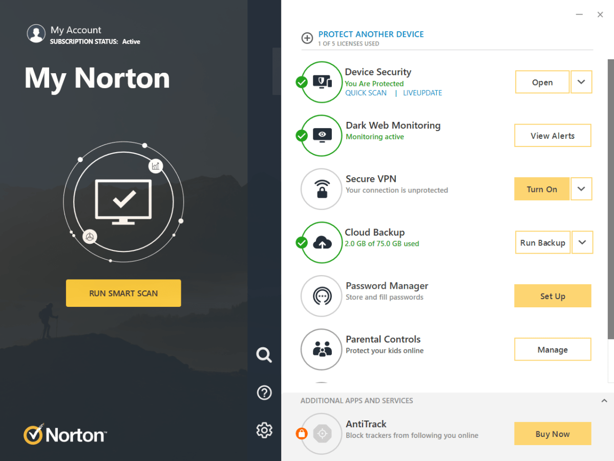 The My Norton launcher showing all the various Norton 360 Deluxe apps. 