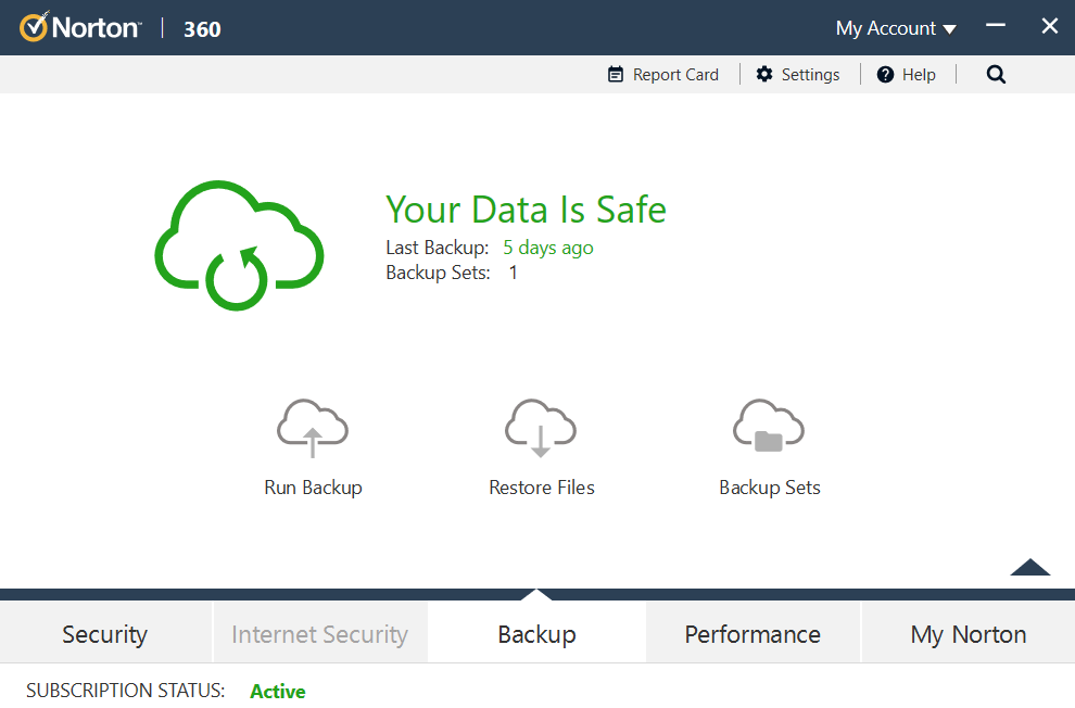 Norton 360 Deluxe Backup section showing three cloud icons for backups.