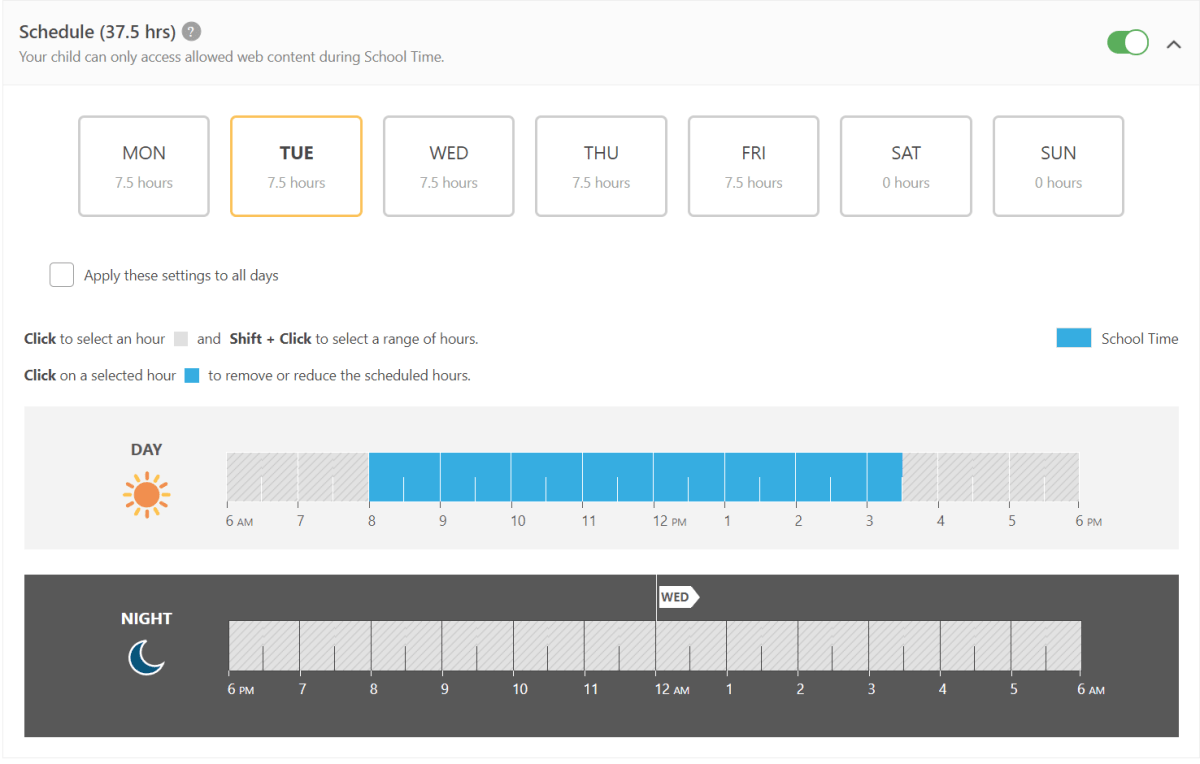 Norton's School Time settings showing day and night time computer use scheduling.